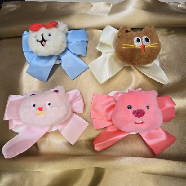 Plush Animal Face Hair Clips with Satin Ribbon Bow