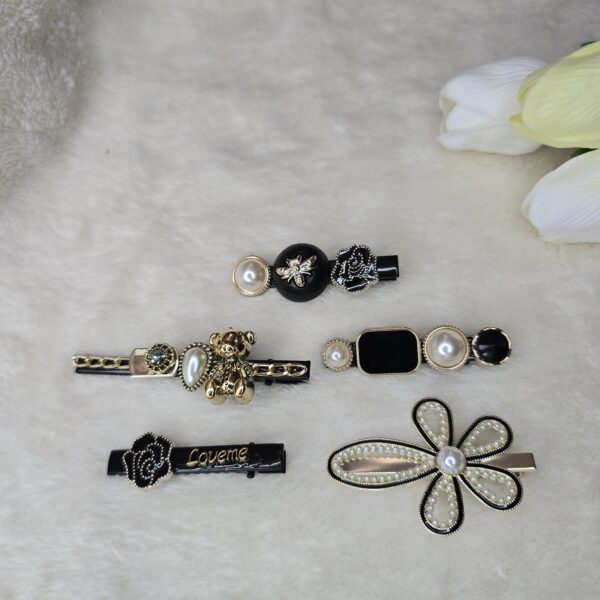 Elegant Black & Gold Pearl Designer Hair Clips – Set of 6