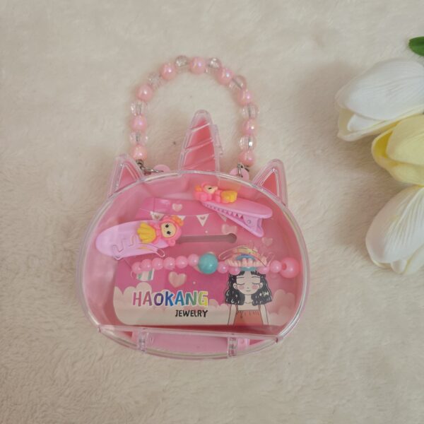 Pink Unicorn Kids Jewelry Box – Cute Beaded Handle & Cartoon Hair Clips