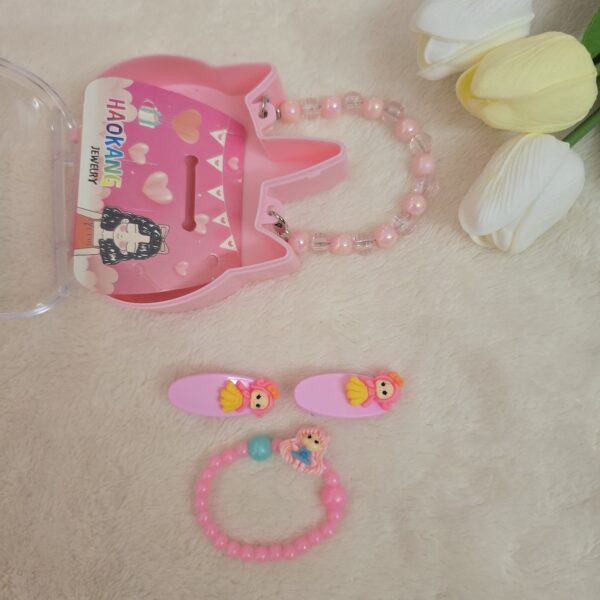 Pink Unicorn Kids Jewelry Box – Cute Beaded Handle & Cartoon Hair Clips - Image 2